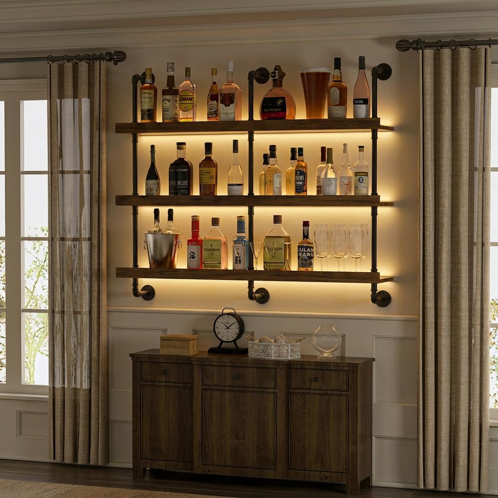 رف نبيذ معلق على الحائط مع إضا - مراجعة Home Bar Shelf وسعره